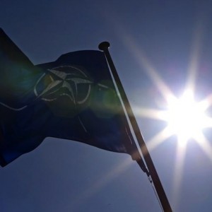 A NATO flag flies at the Alliance headquarters in Brussels during a NATO ambassadors meeting on the situation in Ukraine and the Crimea region
